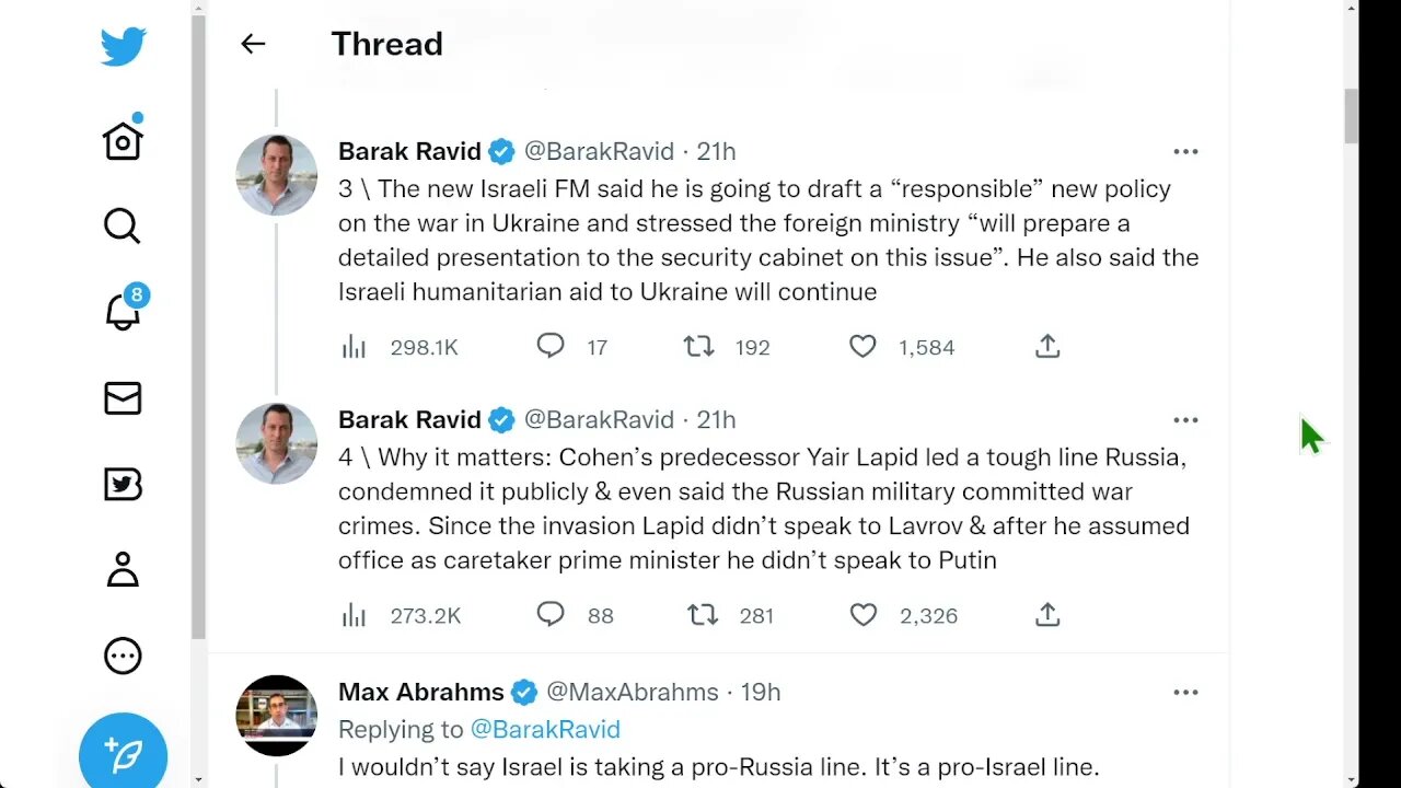 以色列新任外交部長伊萊科恩在他的第一次演講中暗示對烏克蘭的政策轉變，暗示新政府將採取更加親俄的路線