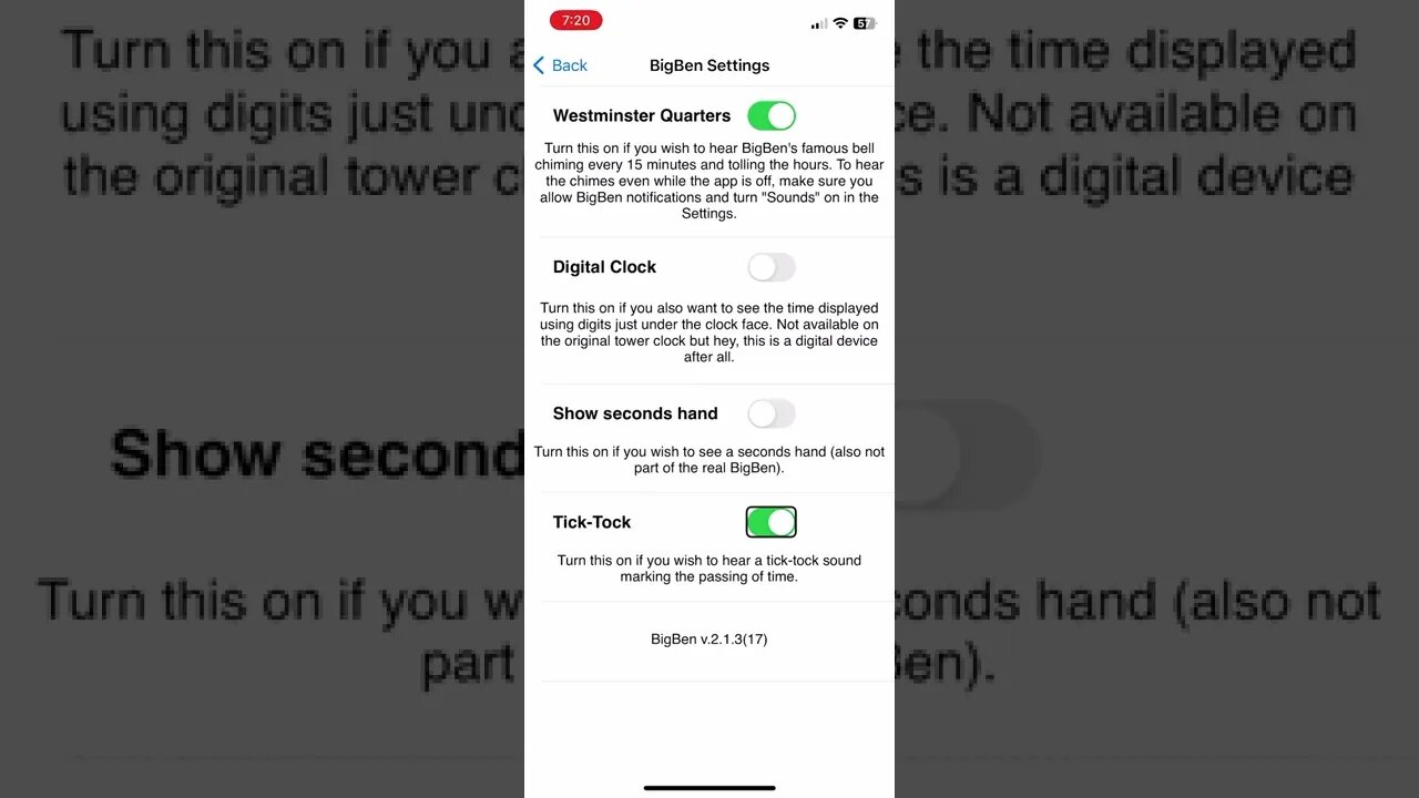 The 99 cent Big Ben app for iOS (screen recorded) Showing Accessibility