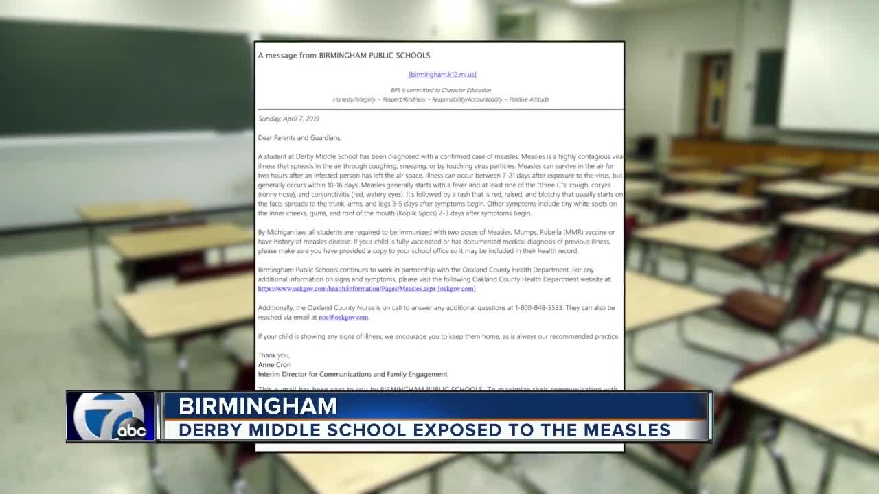 Student at Derby Middle School in Birmingham diagnosed with measles