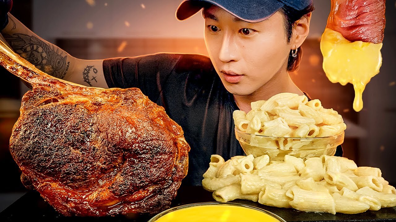 ASMR CHEESY TOMAHAWK STEAK & MAC N CHEESE MUKBANG 먹방 COOKING & EATING SOUNDS Zach Choi ASM