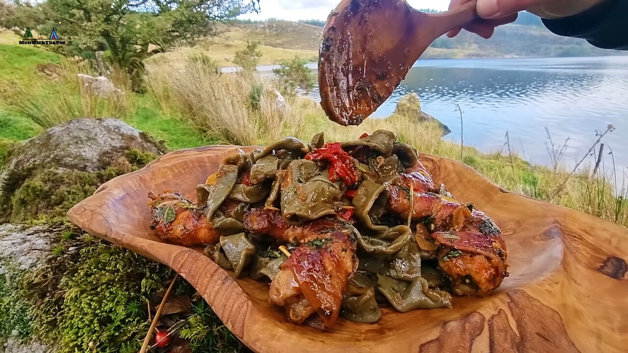 Sea food Pasta cooked by the beautiful lake (ASMR Cooking, CAMPING)