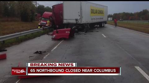 NB I-65 closed near Columbus, Indiana after 4 semis crash