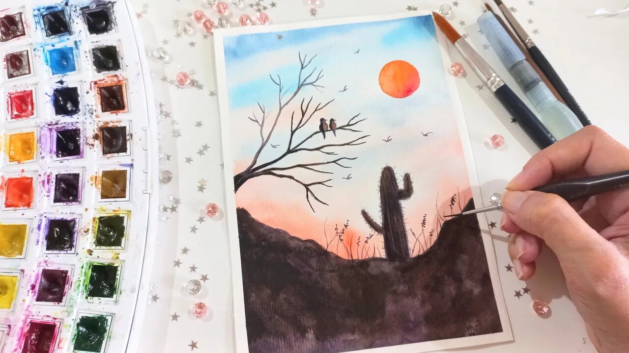 Silhueta Aquarela: Desenho Paisagem com Cacto 🌵