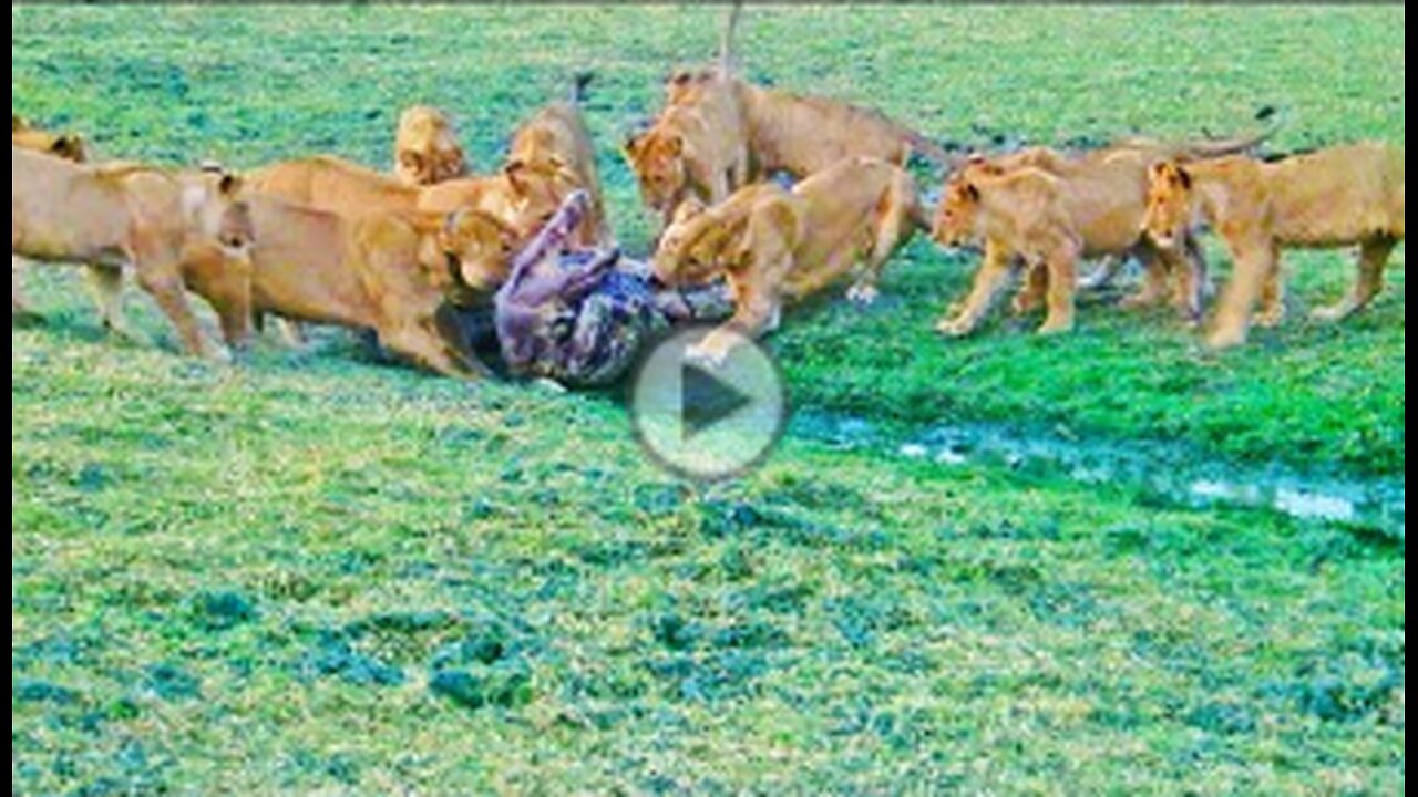 Desperate Lions Catch Crocodile to Feed Cubs