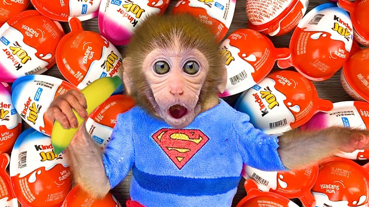Monkey Baby finds banana in the garbage and eats mini ambulance doctor toys with the puppy