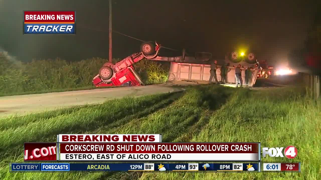 Overturned semi truck blocks Corkscrew Road east of I-75