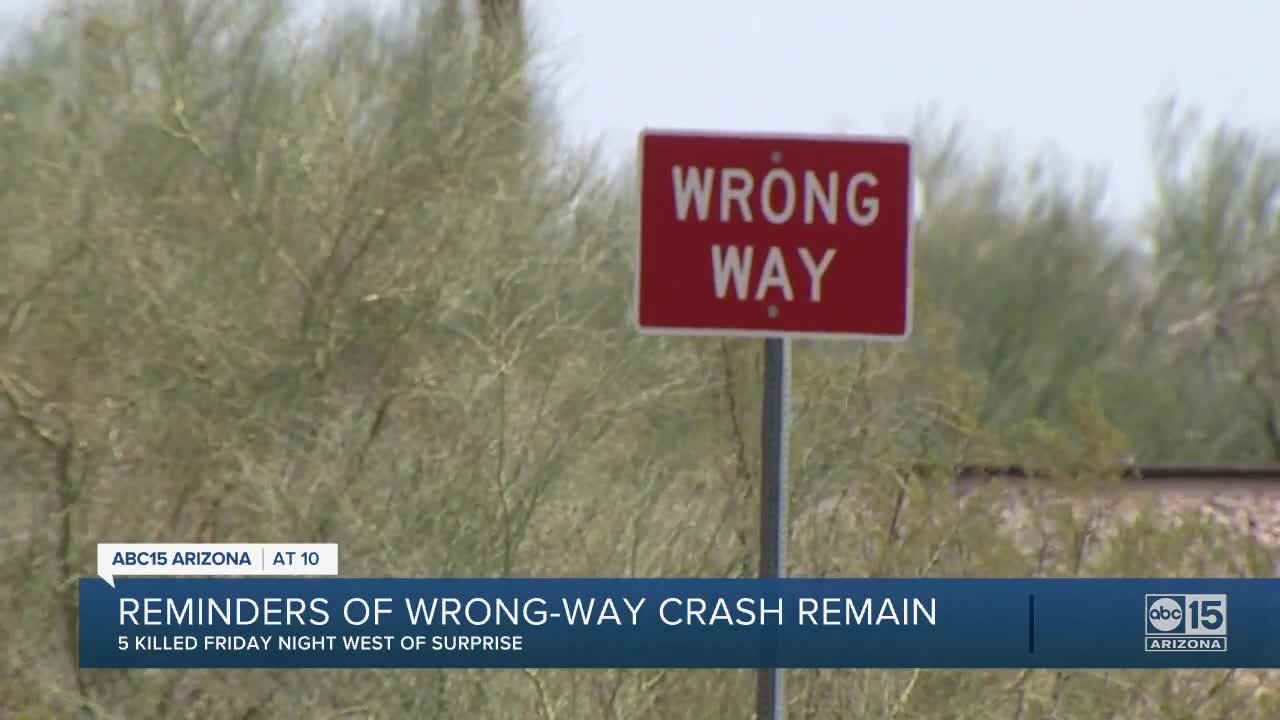 Reminders of wrong-way crash remain after 5 were people killed Friday night