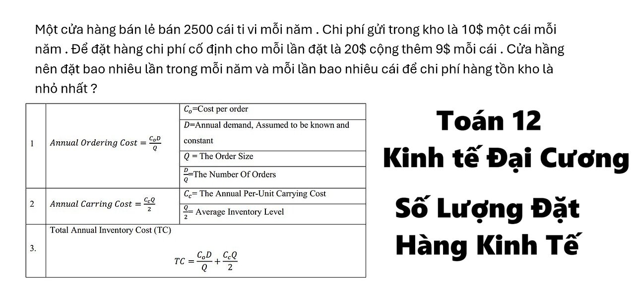 EOQ: Một cửa hàng bán lẻ bán 2500 cái ti vi mỗi năm . Chi phí gửi trong kho là 10$ một cái mỗi năm