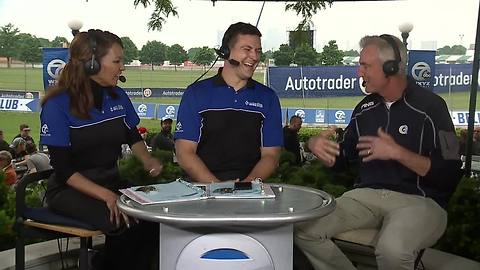 ESPN's Trey Wingo visits with WXYZ's Brad Galli and Carolyn Clifford at the Detroit Grand Prix