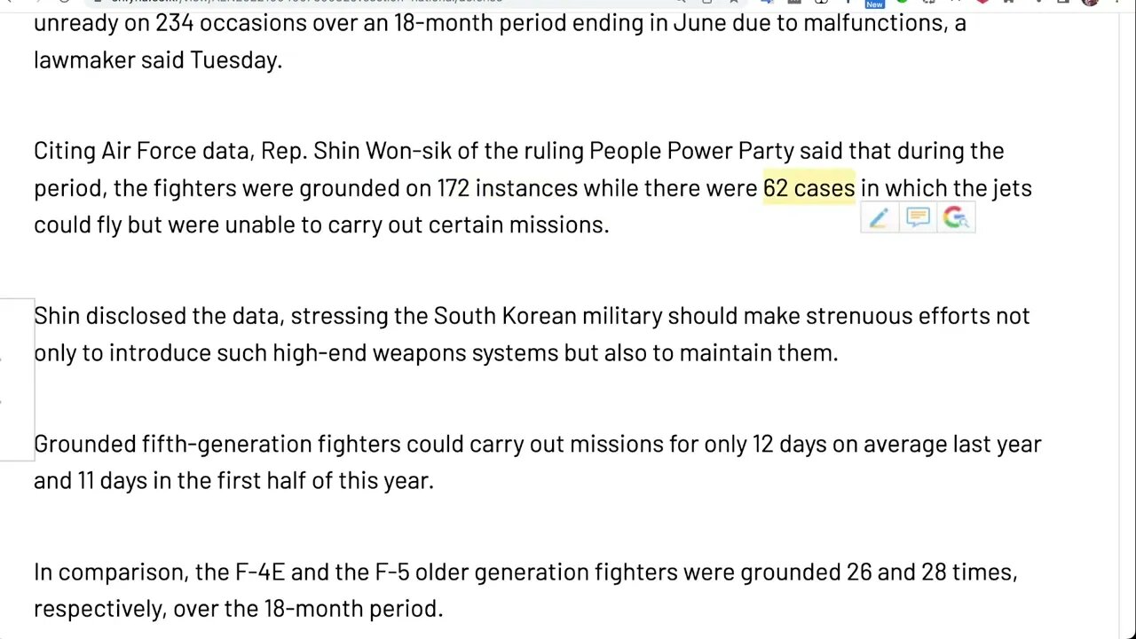 由於故障，在截至 6 月的 18 個月期間，韓國 F-35A 戰鬥機有 234 次被評為未準備就緒