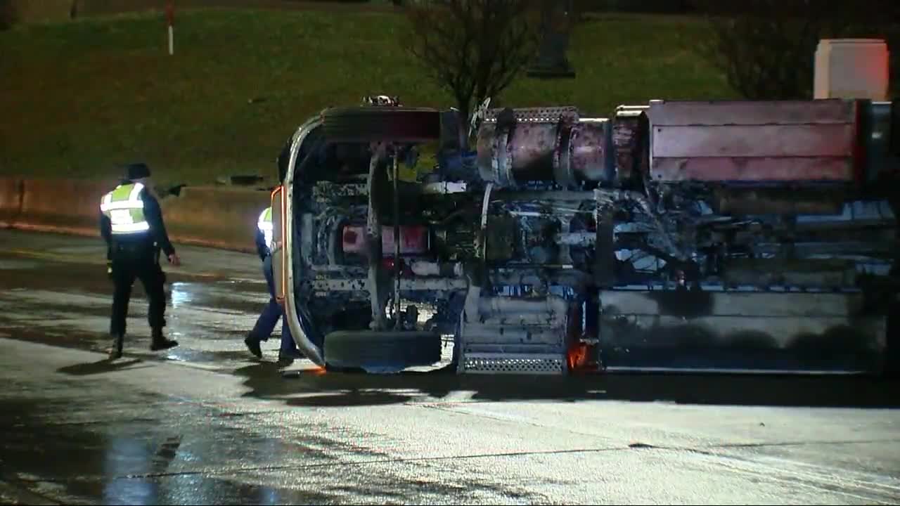 Flipped tanker shuts down northbound I-75 at Gratiot in downtown Detroit