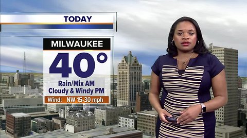 Rain and snow mix early, then cloudy and windy
