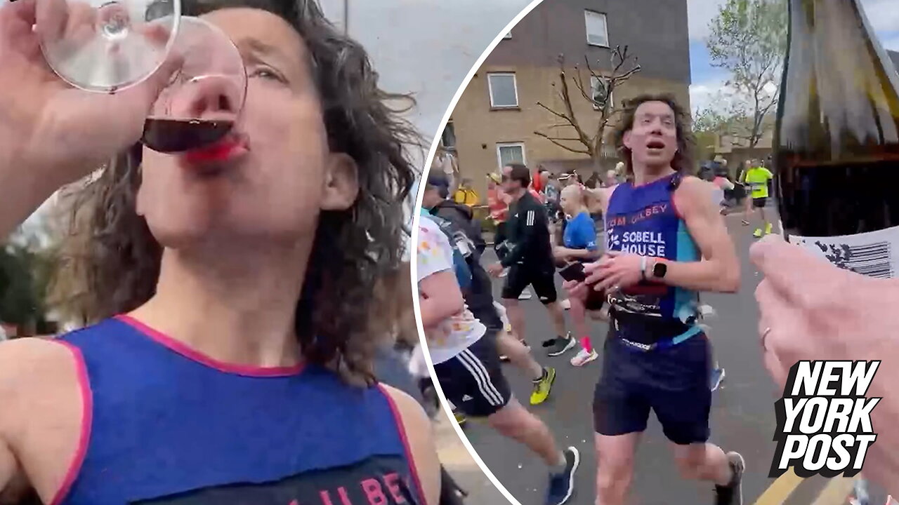 Runner samples wine at every mile marker of London Marathon