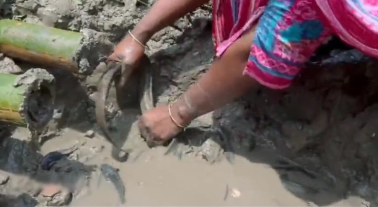 Fishing woman in village