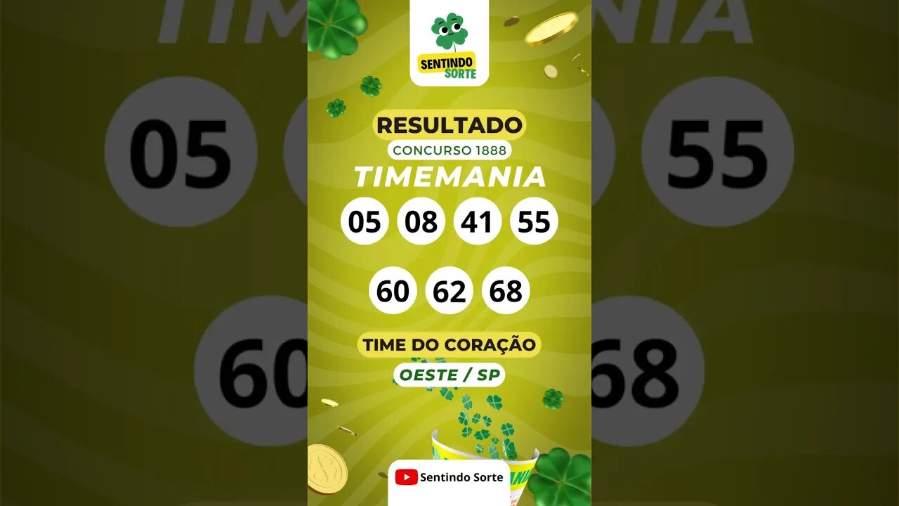 🍀 Resultado TIMEMANIA 1888 | Sentindo Sorte #shorts