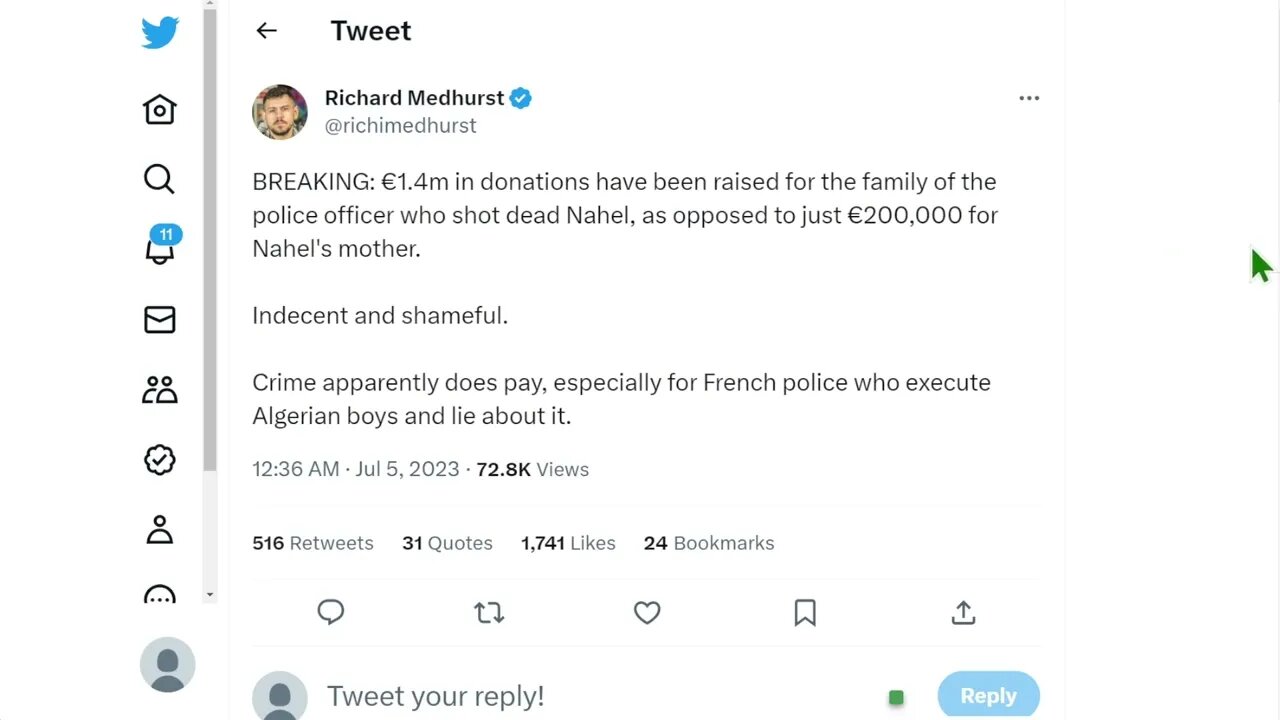 為槍殺納赫爾的警察的家人籌集了 140 萬歐元的捐款，而為納赫爾的母親籌集的捐款僅為 20 萬歐元