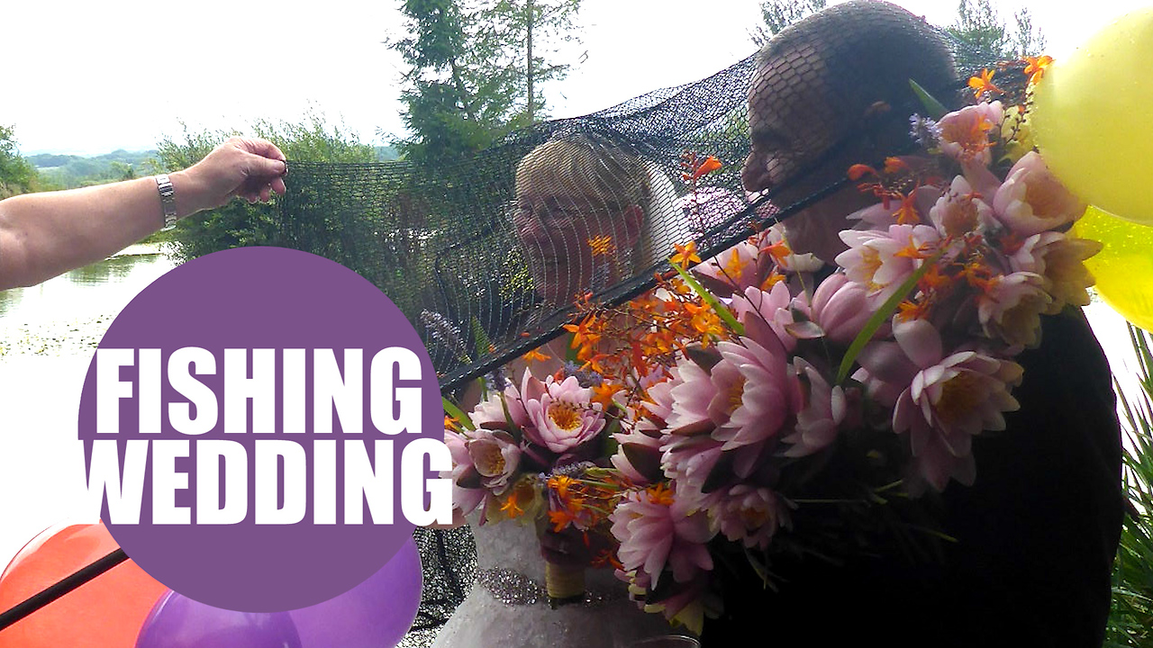 Happy couple renew their wedding vows in fishing themed ceremony