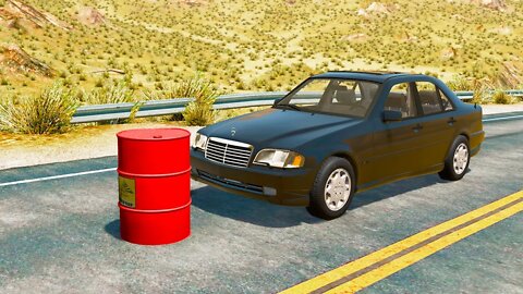 Mercedes vs Explosive Barrel – BeamNG.Drive