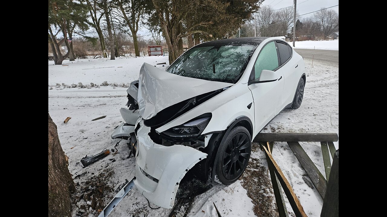 Out of Control Tesla Crashes in to Fences and Trees in bad Chicago Snow Weather