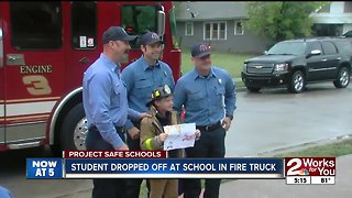 Student dropped off at school in fire truck