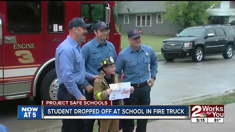 Student dropped off at school in fire truck