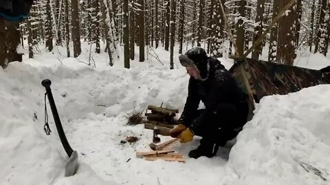 14 % SOLO Two Days WINTER BUSHCRAFT Camp Shelter in Snowfall Lavvu Poncho Spoon Carving