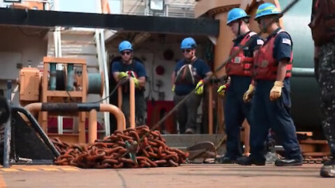 Coast Guard cutter Ida Lewis trains on the buoy deck