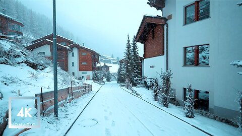 Snowy Walk In Zermatt Switzerland, Winter Snowfall In The Alps 4K