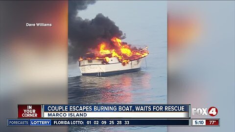 Couple escapes burning boat, awaits rescue