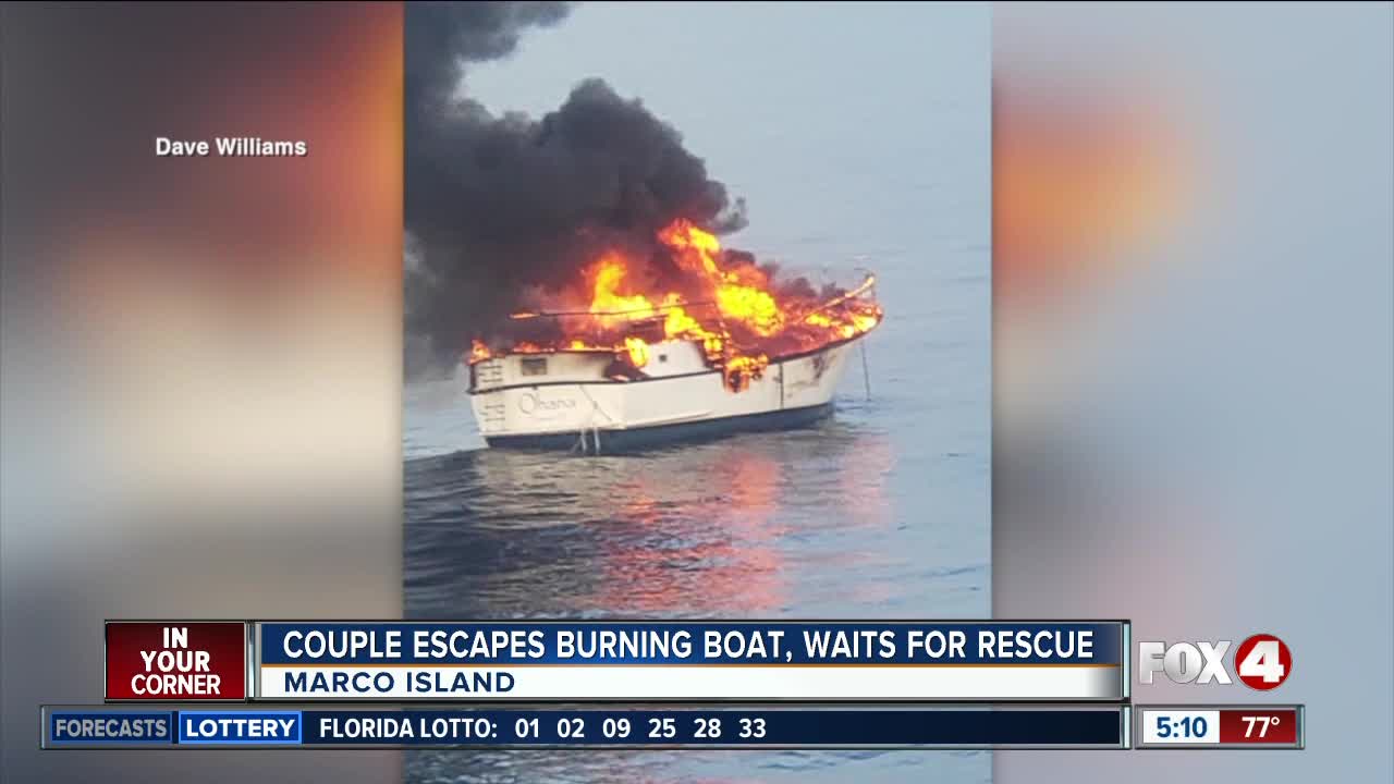 Couple escapes burning boat, awaits rescue