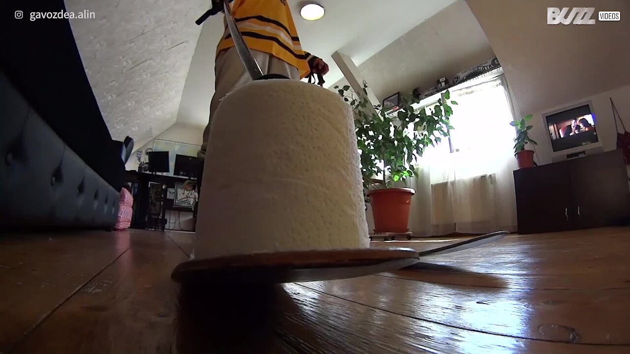 Skier has smashing time taking on toilet paper challenge