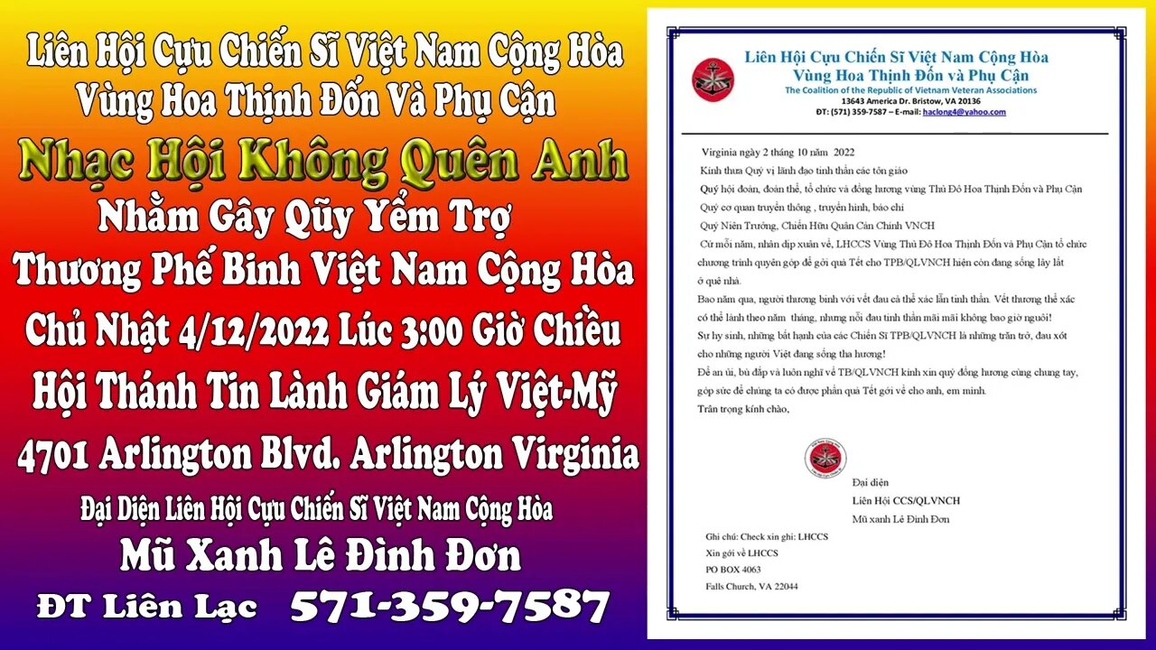 Thông Báo của LHCCS VNCH vùng HTĐ buổi gây qũy yểm trợ Thương Phế Binh VNCH...