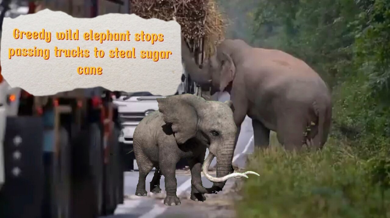 Greedy wild elephant stops passing trucks to steal sugarcane