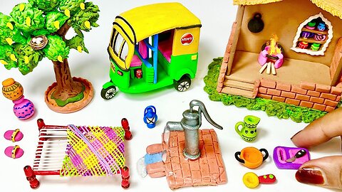 How to make polymer clay miniature house Rikshaw Kitchen set Hand pump TreeCharpai Village