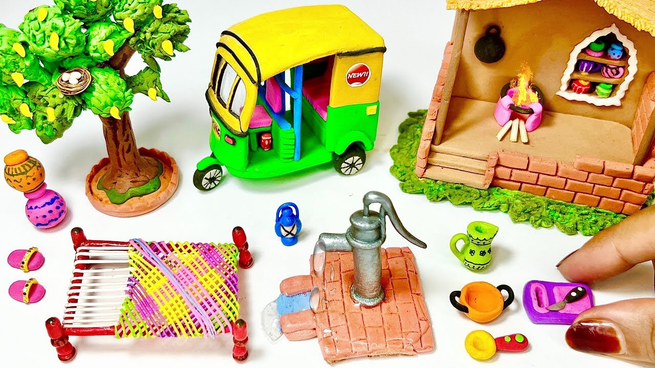 How to make polymer clay miniature house Rikshaw Kitchen set Hand pump TreeCharpai Village