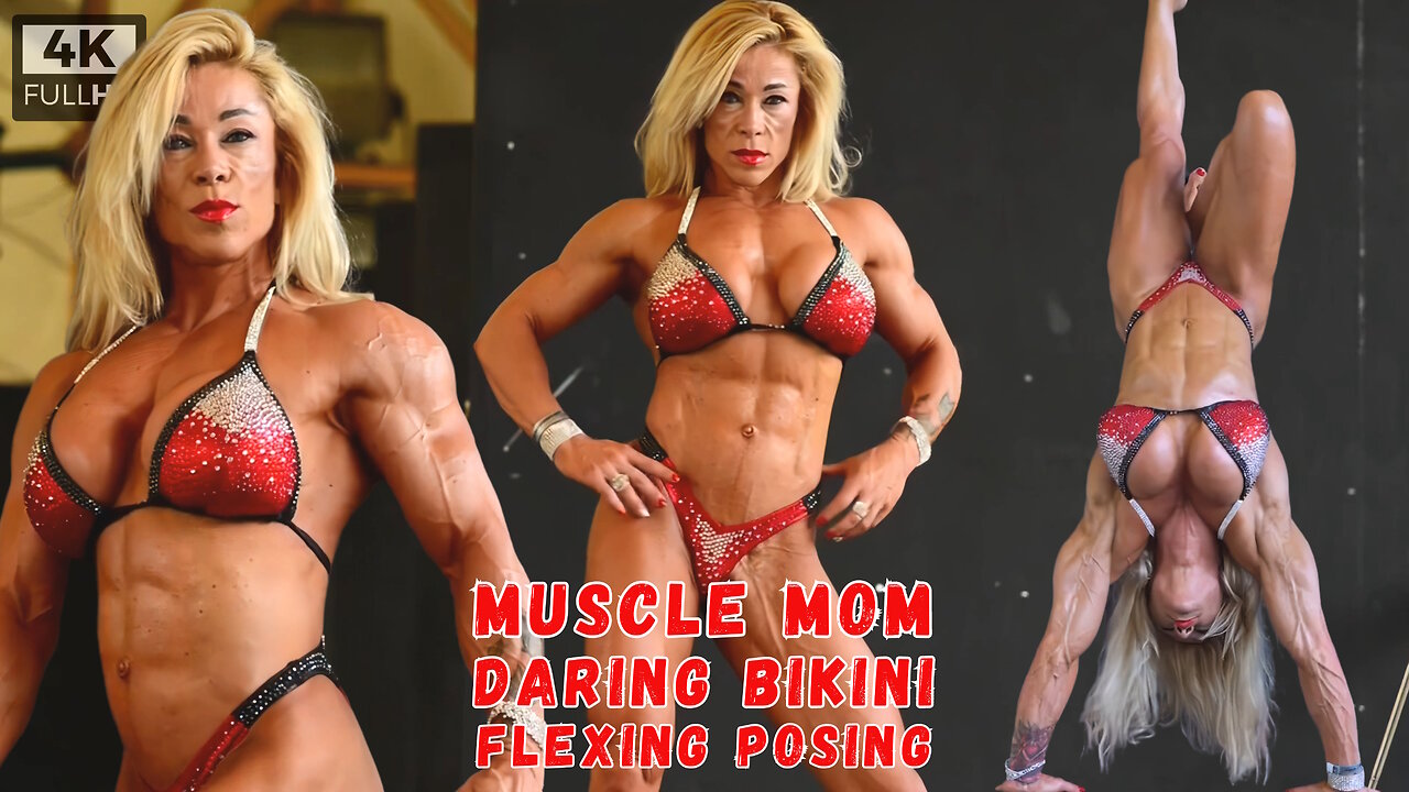 Muscle Mom Flexing Posing Handstand 4K HD | #fitness #fitnessgirl #handstand #bikinifitness