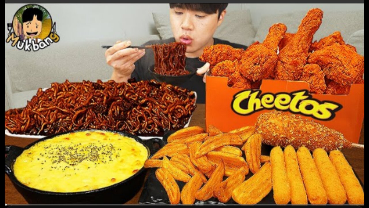 ASMR MUKBANG | CHEETOS Fried Chicken, cheese stick, black bean noodles, Korean Food recipe ! eating