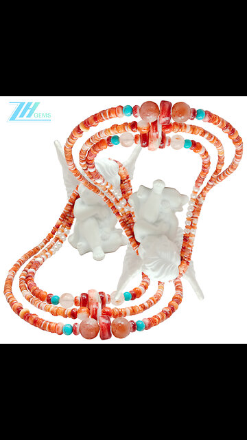 Natural turquoise and orange spiny oyster with pearl sakura onyx sunstone gemstone03