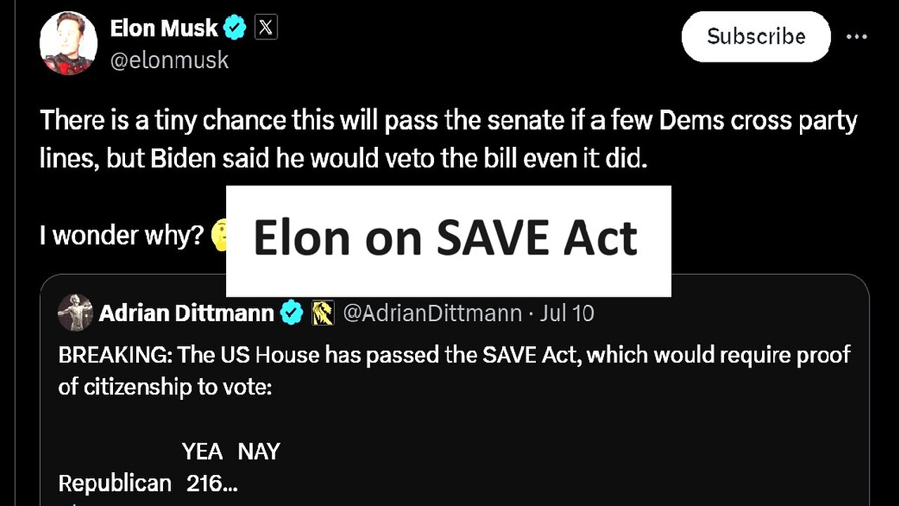 Elon on House passing SAVE act, which would require proof of citizenship to vote