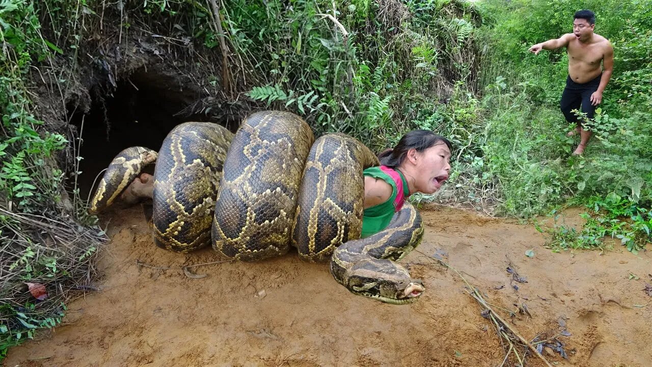 Primitive Life: Ethnic Girl's Dig Underground House Meet Big Python - Anaconda Vs Girl's.