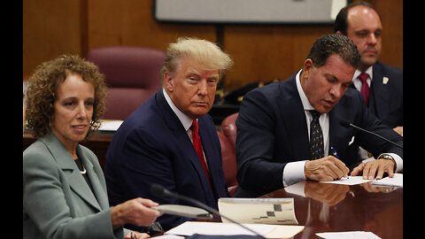 President Donald Trump leaves court after pleading not guilty to felony charges