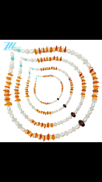 Orange spiny oyster Milky Blue Aquamarine roundle beads amber and pearl Natural turquoise03