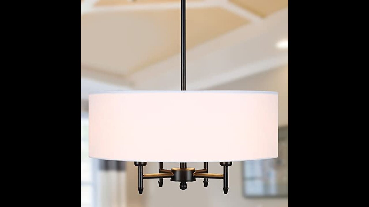 Drum Shade Collection 5-Light Harvest Linen Shade Farmhouse Chandelier Light Matte Black