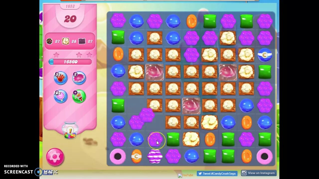 Candy Crush Level 1653 Audio Talkthrough, 1 Star 0 Boosters
