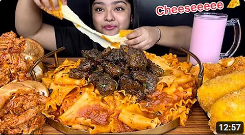 SPICY MUTTON SUKHA,CHEESY CHEETOS MOZZARELLA STICKS,RED SAUCE PASTA AND SPICY CHICKEN POCKETS|EATING