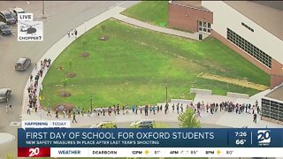 Students line up outside of Oxford High School ahead of first day