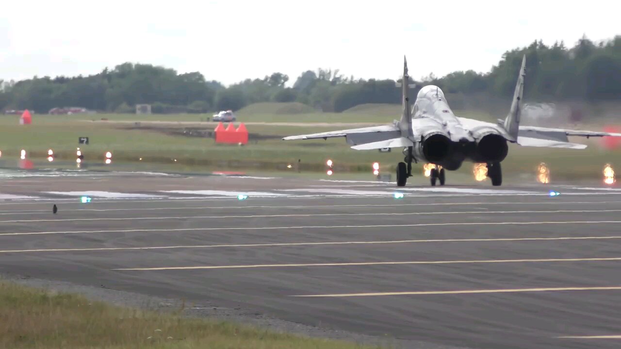 An extreme takeoff of a MiG-29 Fulcrum fighter at an edition of the RIAT Air Show.