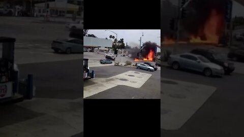 Car blows through intersection causing a fiery crash😳#shorts #crazyvideo #explosion #losangeles