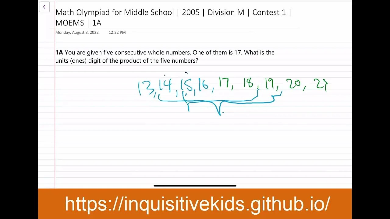 Math Olympiad for Middle School | 2005 | Division M | Contest 1 | MOEMS | 1A