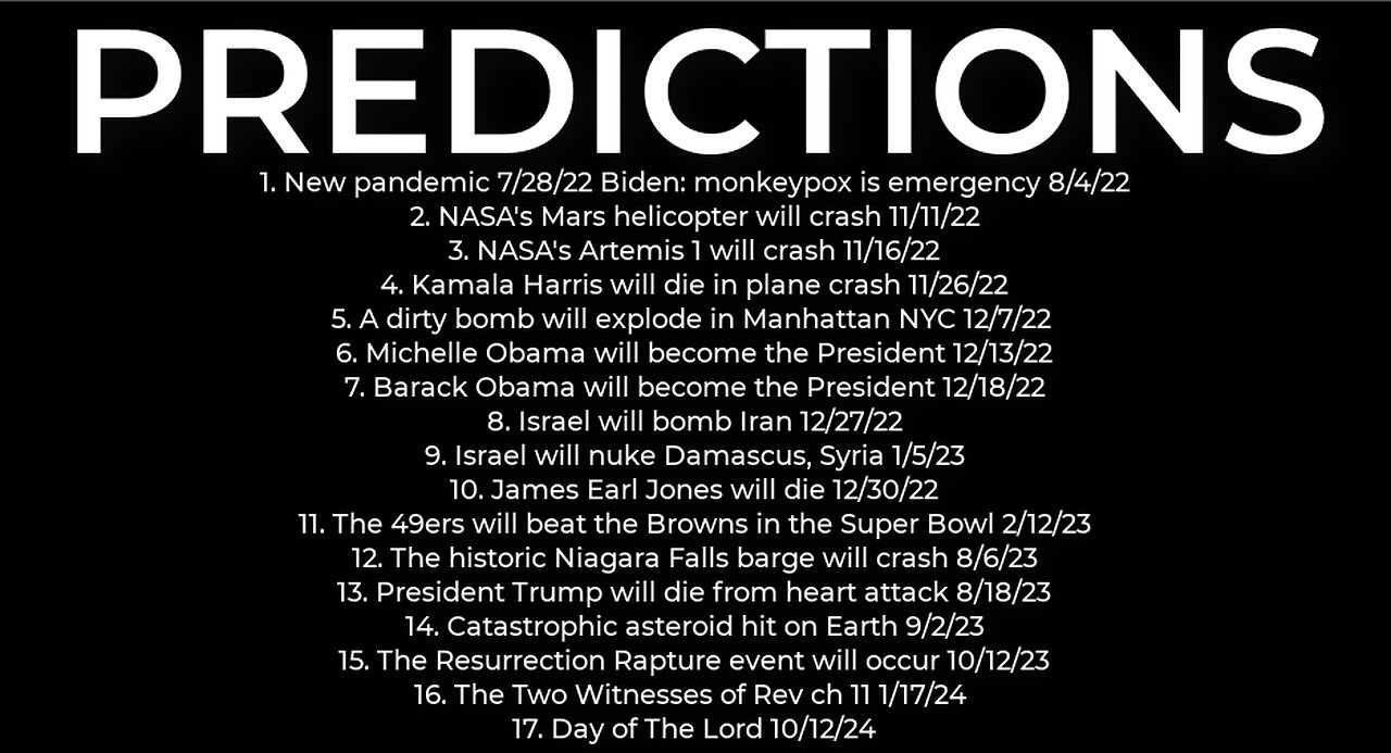 PREDICTIONS - Harris' plane crash 11/26; dirty bomb NYC 12/7; Obama President 12/18